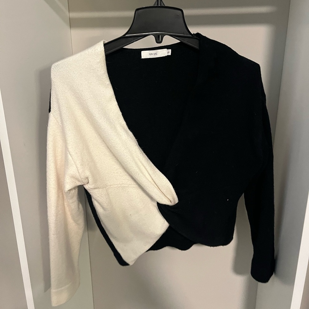 70/21 Two-Tone Black and Cream Cropped Wrap Sweater